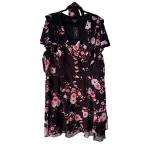 City Chic Womens Floral V-Neck Flutter Sleeve Mini Dress Black Pink XXL 24 NWT